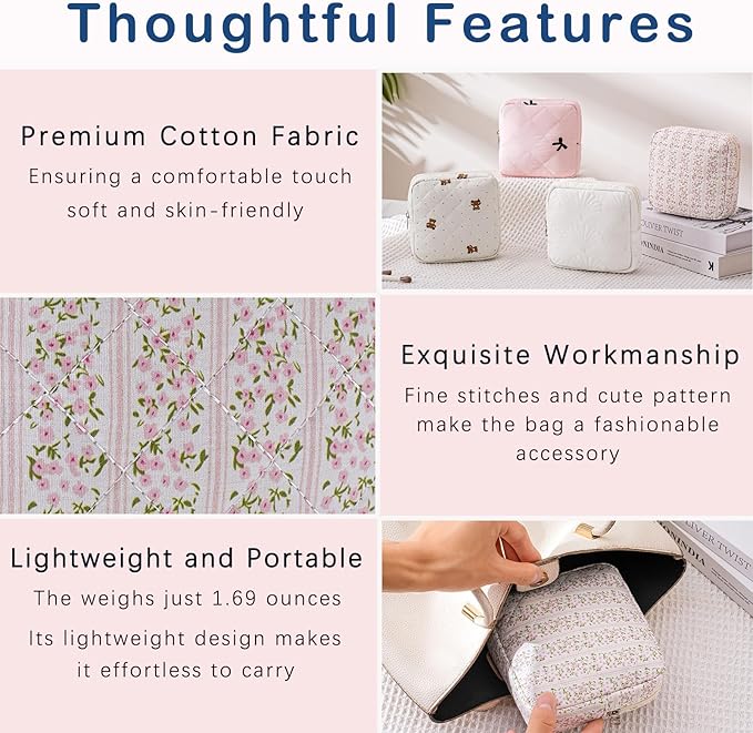 Small Quilted Cosmetic Pouch for Purse, Mini Cotton Makeup Bag with Compartments, Cute Zipper Lipstick Holder for Women (17Small Pink Flower)