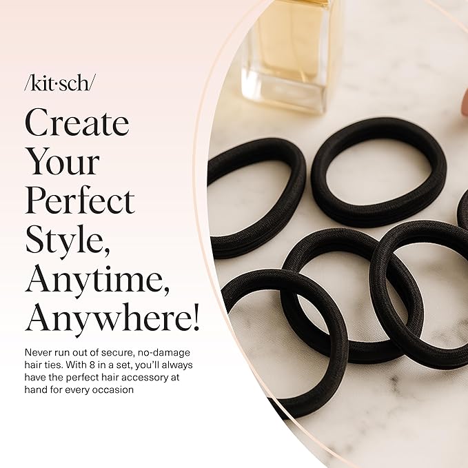Kitsch Seamless Hair Ties No Damage - Stretchable Hair Bands for Strong All-Day Hold, Ponytail Holders | Hair Accessories for Girls | Ideal Gifts for Women - Black 8 Pcs