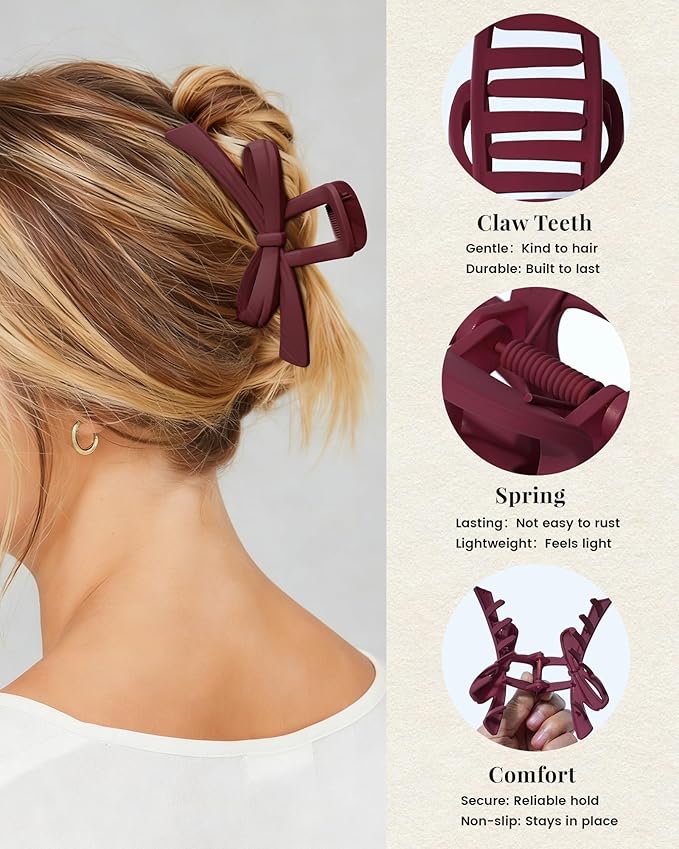 Mesovor 4 Pack Cute Bow Claw Clips, Nonslip 4.92" Large Matte Strong Hold Bows Hair Clips for Thin and Thick Hair | Chic Hairclips for Holidays or Everyday Hairstyle (Red Matte)
