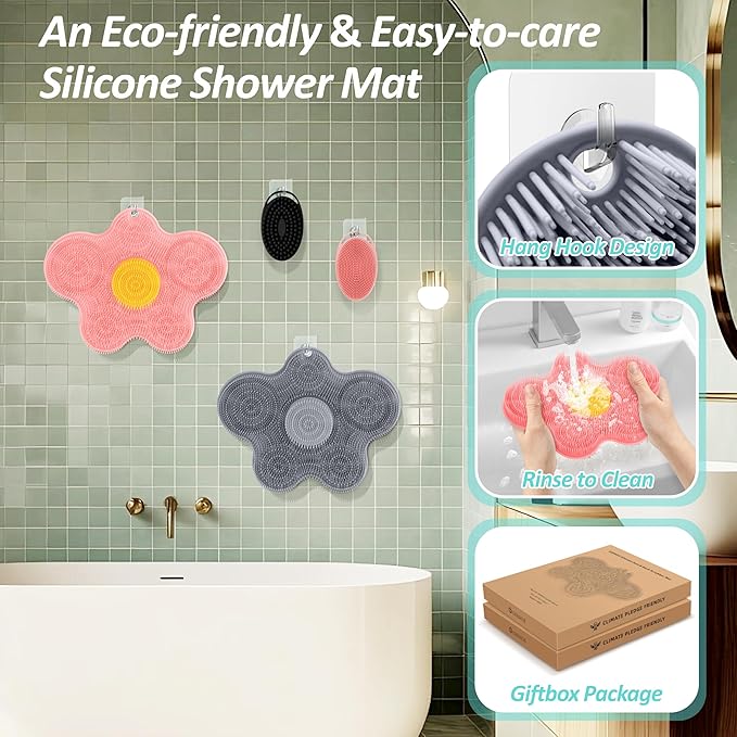 Upgrade Silicone Shower Foot Scrubber Mat & Silicone Bath Brush Set, Large Wall-Mounted Back Scrubber Back Washer to Clean, Exfoliate and Massage Without Bending(Pink+Soft Brush)
