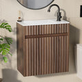 VINGLI 18" Floating Fluted Bathroom Vanity with Ceramic Sink, Wall Mounted Bathroom Vanity Cabinet with Fluted Single Door&White Ceramic Basin Top, 18 Inch Floating Wall Sink Cabinet Combo,Walnut