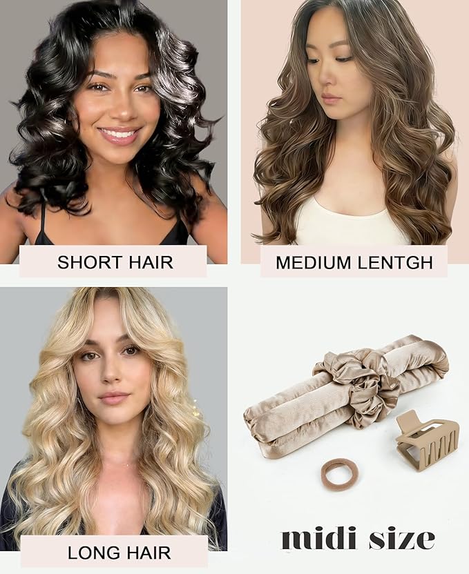 Midi Heatless Curls Overnight Hair Curlers to Sleep In Small Hair Rollers for Short Medium Hair No Heat Overnight Curls, Soft Satin Flexi Rods Heatless Curling Rod Set Styling Tools for Women