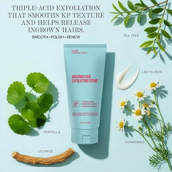 Base Laboratories Ingrown Hair - KP Bump Exfoliating Body Scrub - with AHA+BHA - Keratosis Pilaris Treatment - Daily Skin Exfoliant - Helps Reduce Strawberry Skin & Razor Bumps - Men & Women 3oz
