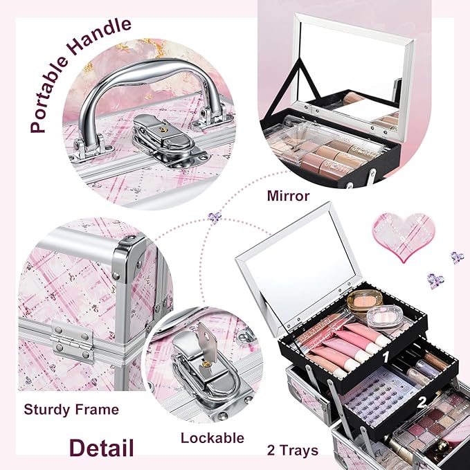 FRENESSA Makeup Train Case Portable Makeup Case Organizer Cosmetic Box Make Up Box Makeup Organizer Cases with Mirror Locking Nail Kit Organizer Travel Case Pink Plaid