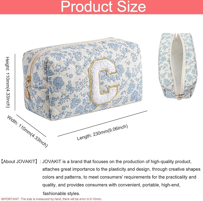 JOVAKIT Alphabet Makeup Bag Cosmetic Bag for Women, Christmas Gifts for Girls Age 6-18, Floral Flowers Coquette Travel Toiletry Zipper Make Up Pouch Organizer Trendy Stuff (Blue Floral C)