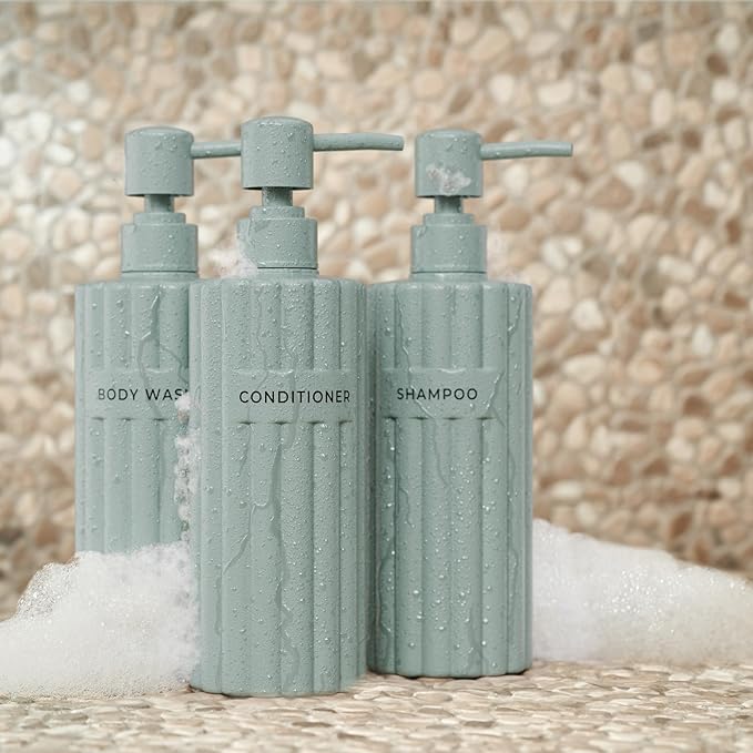 Stylish Shampoo and Conditioner Dispenser Set of 3 - Modern 19oz Shower Soap Bottles with Pump and Labels - Easy to Refill Body Wash Dispensers for an Instant Bathroom Decor Upgrade