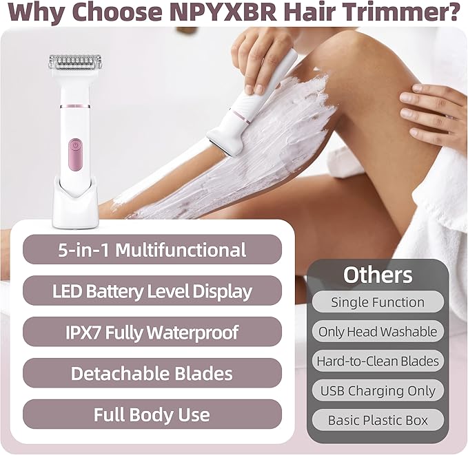 5-in-1 Bikini Trimmer for Women: IPX7 Waterproof Electric Razor Shaver for Silk Skin, Easy Cleaning, 5 Head, Rechargeable Body Hair Removal, LED Display, Ceramic Blade, Gifts for Her
