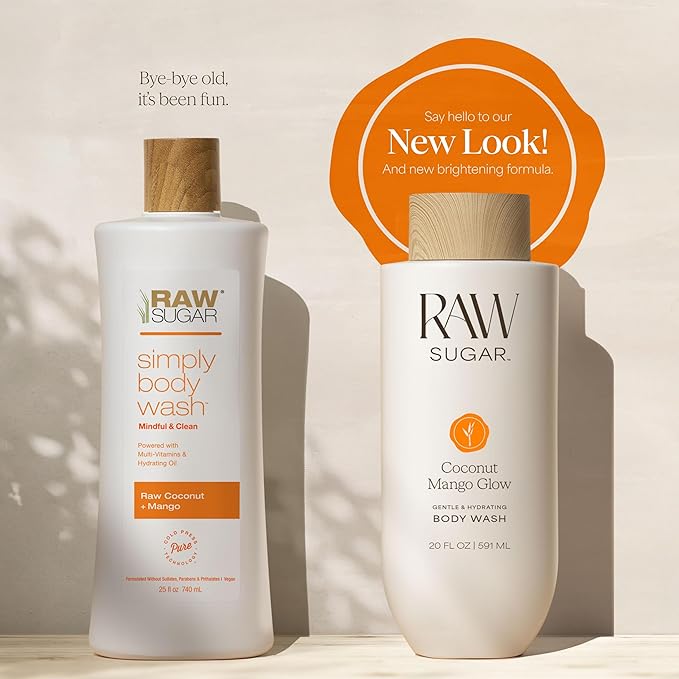 RAW SUGAR Coconut Mango Glow Gentle & Hydrating Body Wash, 20 Fl Oz (Pack of 1) Moisturizing & Brightening Bath & Shower Gel, Vegan, Formulated without SLS/SLES & Parabens