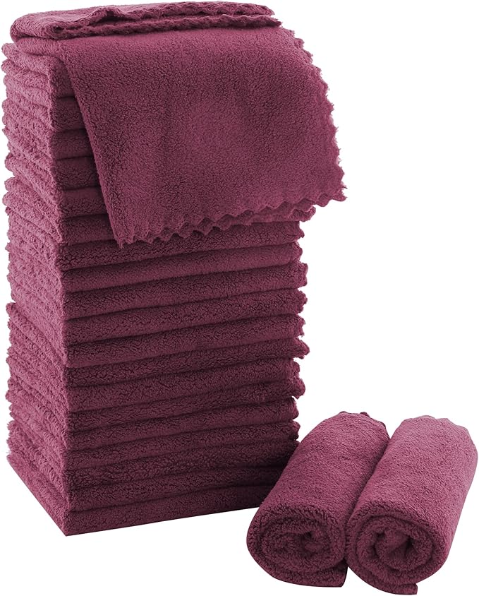 MOONQUEEN Ultra Soft Premium Washcloths Set - 12 x 12 inches - 24 Pack - Quick Drying - Highly Absorbent Coral Velvet Bathroom Wash Clothes - Use as Bath, Spa, Facial, Fingertip Towel (Burgundy)