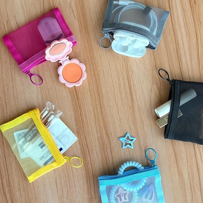 Patu Mini Zipper Mesh Bags, 3" x 4", Size XS / A8, 5 Pieces, Keychain Pouch Key Holder, Coin Purse, Clear Travel Kit Small Item Cosmetic Organizer, Assorted Colors