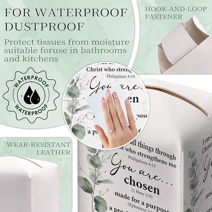 Inspirational Christian Tissue Box Cover Square, You are Chose Leather Tissue Box Holder, Religious Gifts for Women, Eucalyptus Paper Facial Tissue Box Covers Cube for Office Bathroom Home