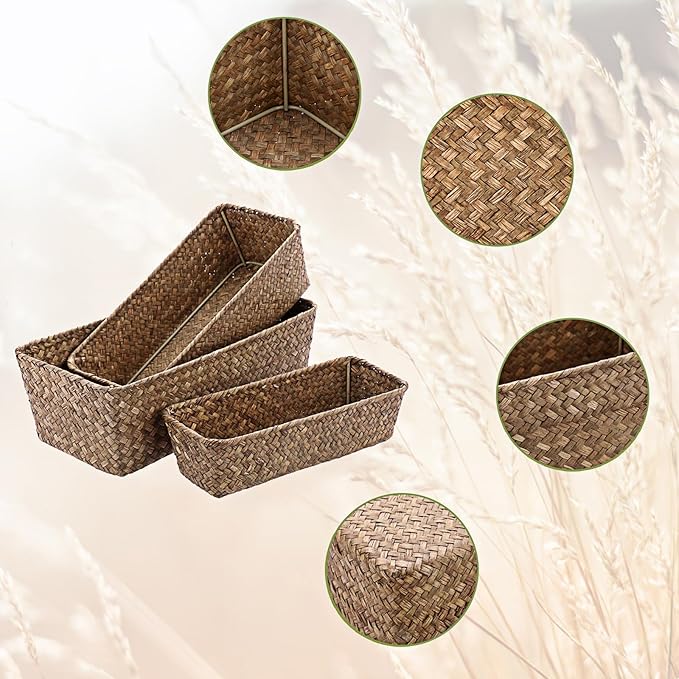 3 Natural Wicker Basket Set Rectangular Handwoven Seagrass Basket Storage Bins Home Organizer Bins - Household Basket Box for Shelf Wardrobe Desktop Home Decor (Coffee)