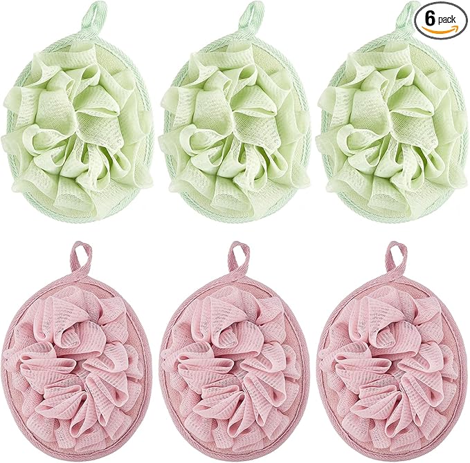 Boao 6 Pcs Bath Shower Pouf Sponge Mesh Pouf Shower Ball Exfoliating Body Sponge Pad Scrubber Glove with Flower Bath Ball (Green,Light Pink)