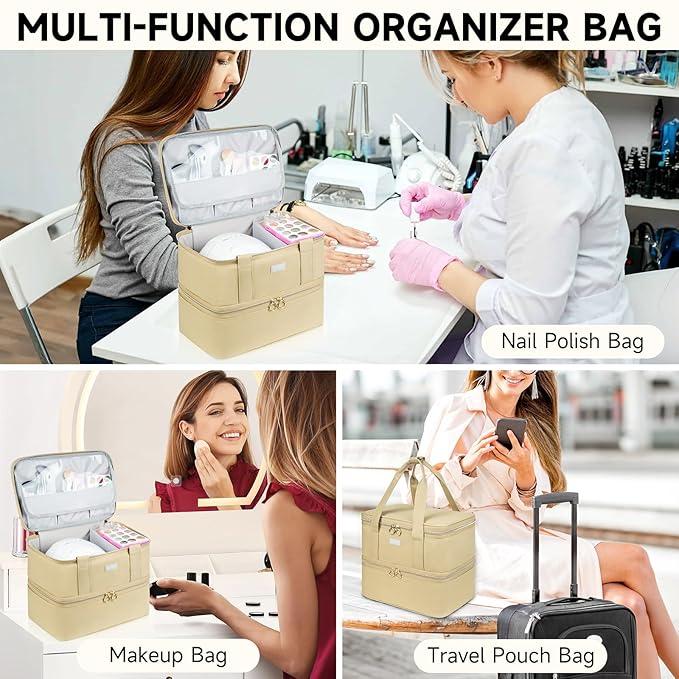 Nail Polish Organizer and Storage,Double-Layer Nail Supplies Carrying Case Bag for 40 Bottles (15ml-0.5 fl.oz) and a Lamp,Portable Nails Polish Holder for Nails Supplies,Khaki