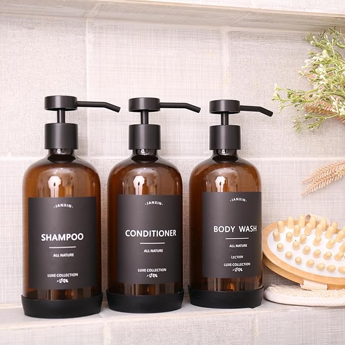 Shampoo and Conditioner Dispenser Set of 3,Refillable 21oz Shampoo Bottles with Non-Slip Protective Silicone Pad,Shower Soap Dispenser with Waterproof Labels for Bathroom (Amber)