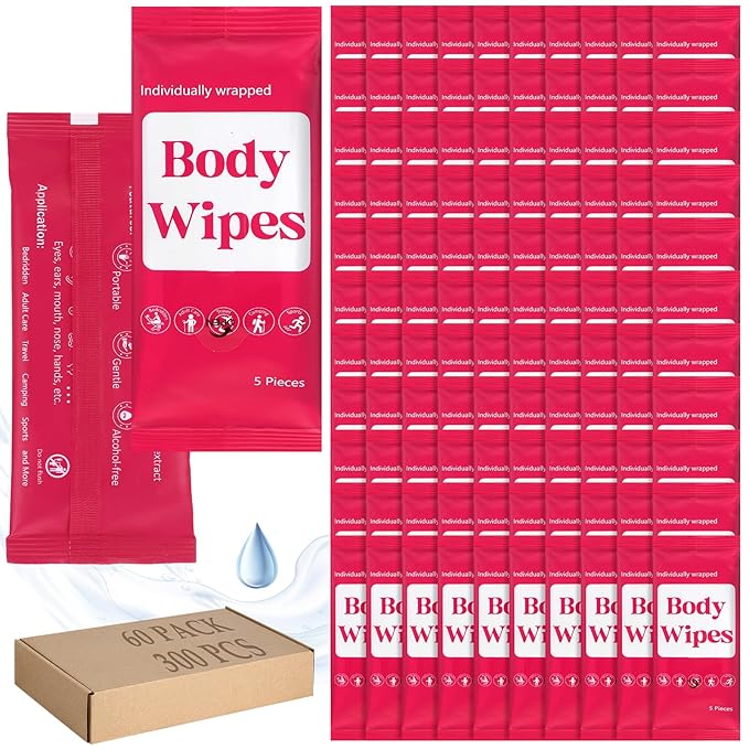 300 Pcs 60 Pack Body Wipes for Adults Bathing No Rinse Individually Wrapped Shower Wipes Washcloth with Aloe Cleansing Body Wash Cloths Disposable Bulk Deodorant Homeless(Rose Background)