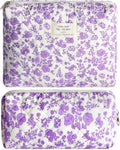 2Pcs Quilted Makeup Bag Set Flower Cute Pencil Case Large Small Travel Makeup Pouch Set for Women Coquette Makeup Bag Aesthetic Cotton Cosmetic Bag Purple Toiletry Organizer Storage Bag Zipper Pouch