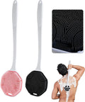 Silicone Body Scrubber with Long Handle, 2 Pack Soft Bristles Lathers Easily for Gentle Exfoliating & Deep Clean, Rich Foam, Durable Back Bath Brush (Black + Pink)