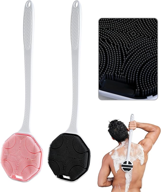 Silicone Body Scrubber with Long Handle, 2 Pack Soft Bristles Lathers Easily for Gentle Exfoliating & Deep Clean, Rich Foam, Durable Back Bath Brush (Black + Pink)