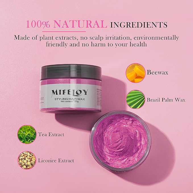 Temporary Pink Hair Color Wax 4.23 oz, Instant Natural Hairstyle Cream Dye, Washable Styling Pomades, Disposable Coloring Mud for Women Youth Men, Party Cosplay DIY Halloween