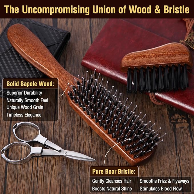 URTHEONE Boar Bristle Beard Brush,Hair Brush for Men,Mens Hair Brush for Thin hair and Beard,Slick Back Hairbrush with Natural Wood Handle, Cleaning Tool & Folding Scissors Included