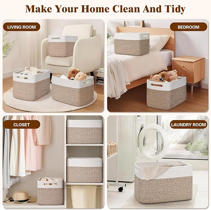 Storage Baskets for Organizing, 4 Pack Baskets for Shelves, Decorative Storage Bins for Shelves, Cotton Rope Storage Basket with Handles, Woven Basket for Storage, 13''Lx8.7''Wx7.9''H, White & Brown