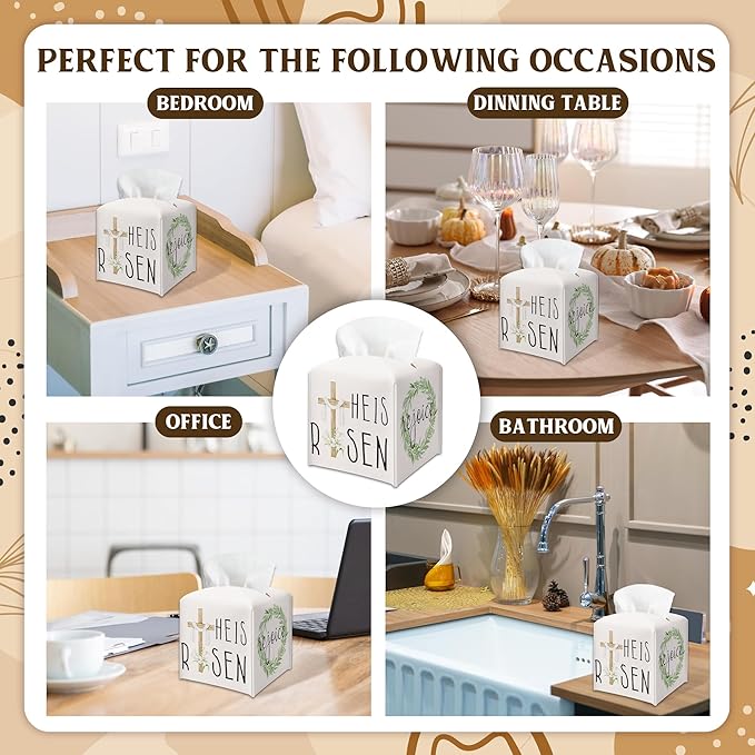 Botanical & Cross Design Tissue Box Cover - He Is Risen & Rejoice PU Leather Waterproof Tissue Holder - Easter Facial Paper Organizer for Home Bathroom Office -Desk Easter Decorative Dispenser Box-B06