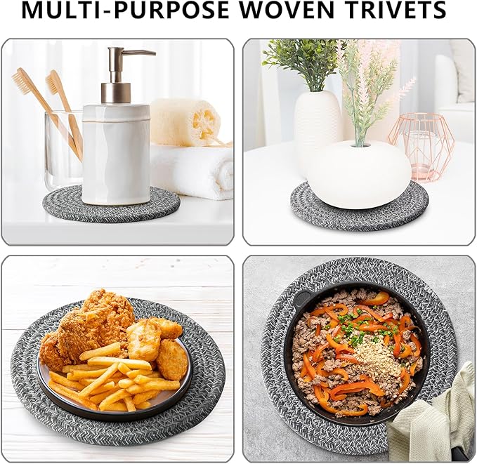 Trivets for Hot Dishes, Trivets for Hot Pots and Pans, Hot Pads for Countertops, Coasters 4 Pcs and Storage Basket 1 Pack, Pot Holders for Kitchen, Cotton Hot Mats Cooking Pad Protect Table (D Grey)