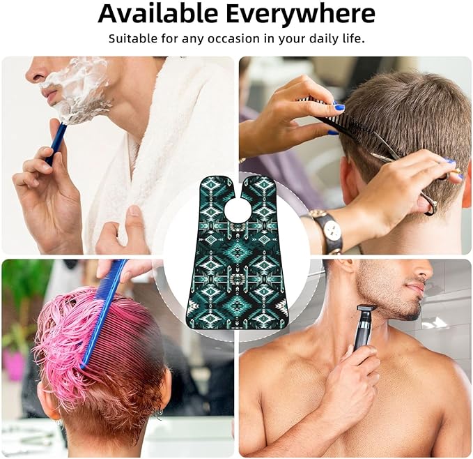 Waterproof Beard Grooming Bib, Teal Turquoise Tribal Navajo Aztec Geometric Ethnic Pattern Shave Bib, Non-Stick Hair Catcher for Shaving Trimming, Apron Essential for Men Dad
