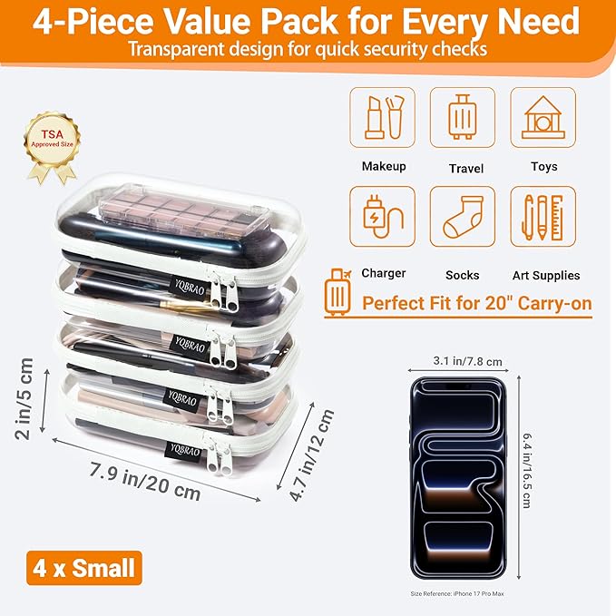 4 Pack Clear Hard Shell Zipper Case, See-Through Hard Plastic Organizer Pouches with Zipper for Travel, Toiletries, Makeup, Electronics & Pencils - Crush-Resistant Storage (S White)