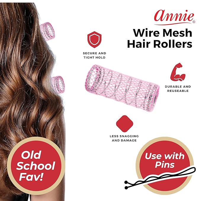 Annie Wire Mesh Rollers – Large 1 1/8 Inch Hair Curlers for Voluminous Curls & Waves, Heatless Styling Tools for All Hair Types – 12 Count (Pink)