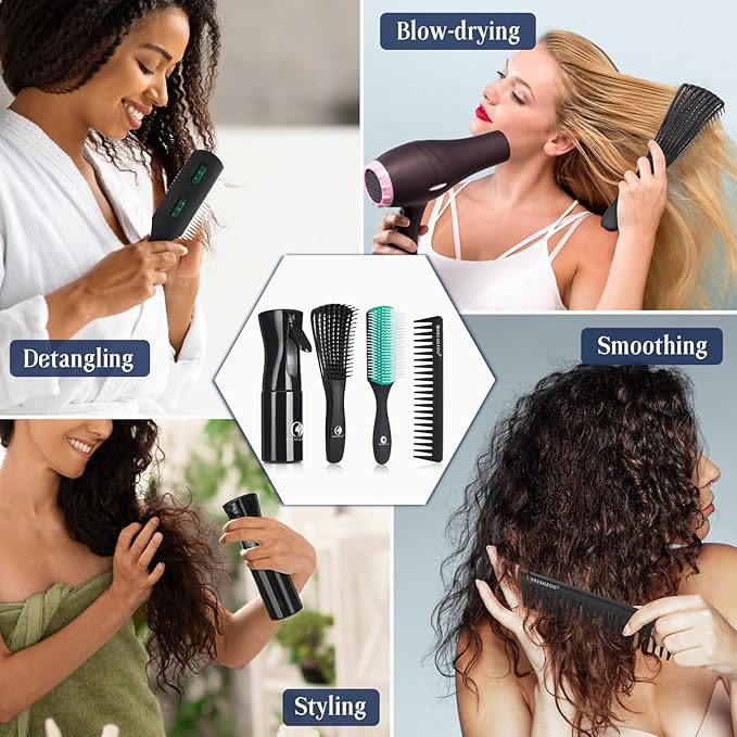 BRUSHZOO Detangler Hair Brush with Hair Spray bottle, Hair Brush for Curly Hair, 9 Row Brush Wide Tooth comb (Green)