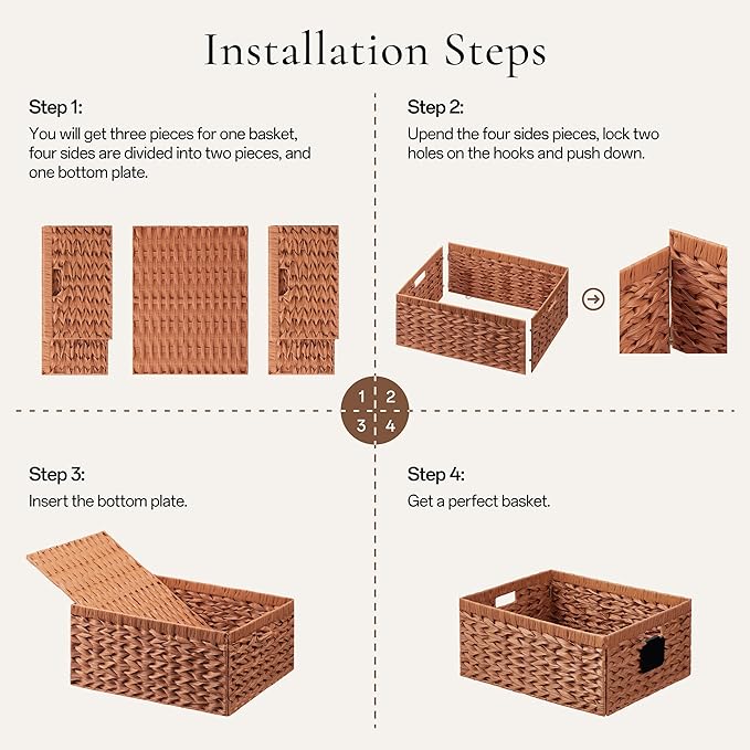 UBBCARE Storage Baskets with Label, Wicker Pantry Baskets for Shelves, Waterproof Woven Basket for Organizing, 2-Pack Plastic Rectangle Organizers with Handles,Light Brown (13.4L×8.3H×7.1W)