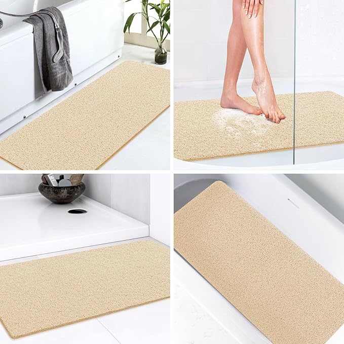 LuxStep Shower Mat Bathtub Mat,36x16 inch, Non-Slip Bath Mat with Drain, Quick Drying PVC Loofah Bathmat for Tub,Shower,Bathroom (Phthalate Free,Khaki)