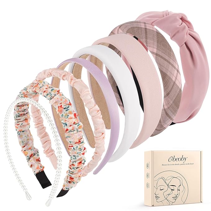 obeoby 8 Pack Pink Trendy Headbands, Multiple Styles Headbands for Hairstyle Management Non Slip Floral Pearl Hairband Gifts for Teen Girls