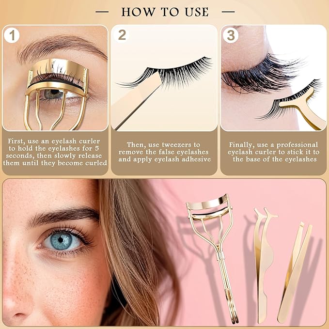 3-in-1 Professional Eyelash Curler Kit – Salon-Perfect Lashes at Home!Includes: Eyelash Curler (w/Replacement Pad), Eyebrow Tweezers & Curved Applicator Toolr – Travel-Friendly & Pain-Free (Gold)