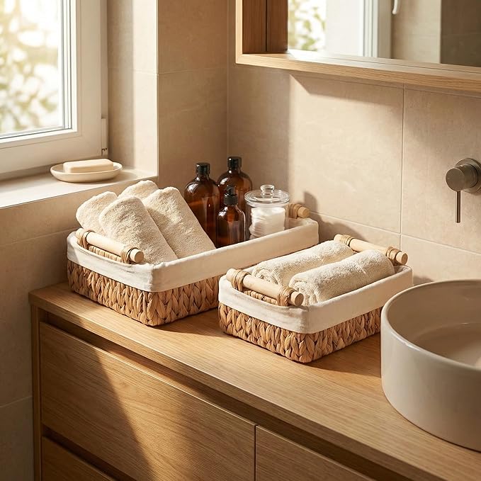 Baskets for Organizing, Set of 2 Natural Water Hyacinth Bathroom Countertop Baskets with Liner, Wicker Basket Organizer with Wooden Handles for Vanity, Counter, Shelf Storage
