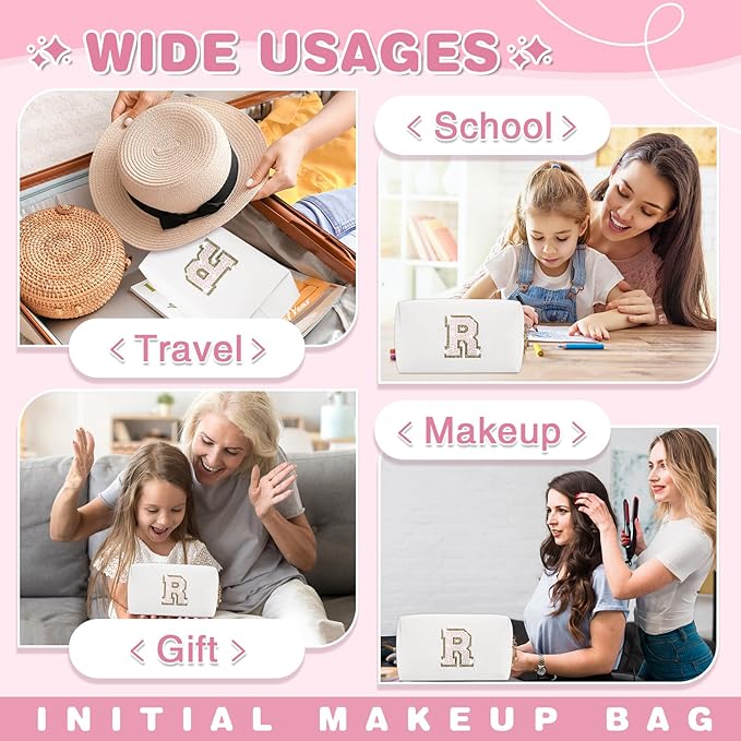 Small Initial Patch Makeup Bag Personalized Gifts Make Up Bag,White Cute PU Leather Glitter Letter Cosmetic Bag with Zipper,Trendy Portable Travel Toiletry Pouch,Preppy Stuff for Teen Girls Women R