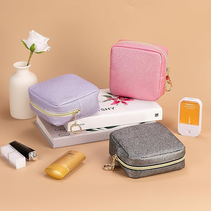 5.7" Small Makeup Bag, Glitter Cosmetics Bag for Purse, Portable Small Travel Makeup Pouch with Ring Buckle (Pink)