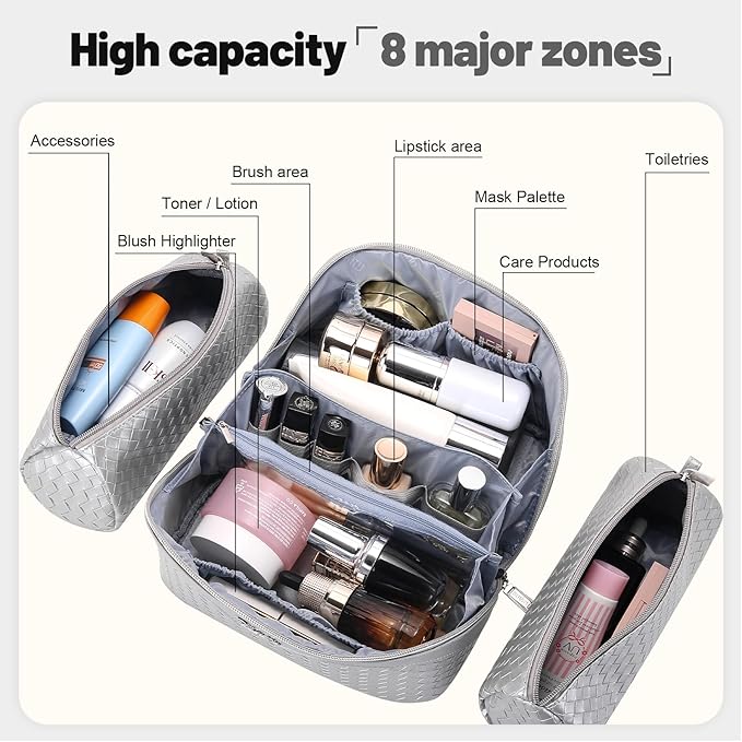 BOYATU Travel Makeup Bag Cosmetic Bags for Women: Large Capacity 3 Pcs Set Make up Bag with Compartments - Waterproof Vegan Leather Toiletry Organizer Bags with Handle (L11 Silver)