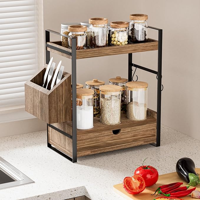 Kottwca Bathroom Counter Organizer with Drawer, 2-Tier Wood Countertop Organizer for Storage, Vanity Skincare Organizers, Bathroom Sink Shelf for Organization(Dark Brown)