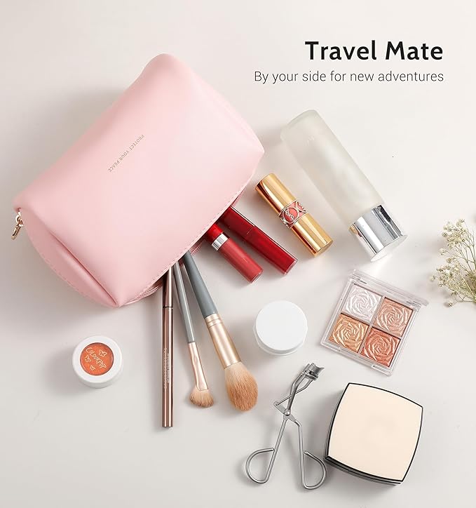 Aveniee Travel Makeup Bag Small, Vegan Leather Cosmetic Pouch for Purse, Wide-open Toiletry Organizer with Dividers & Zipper for Women-Pink