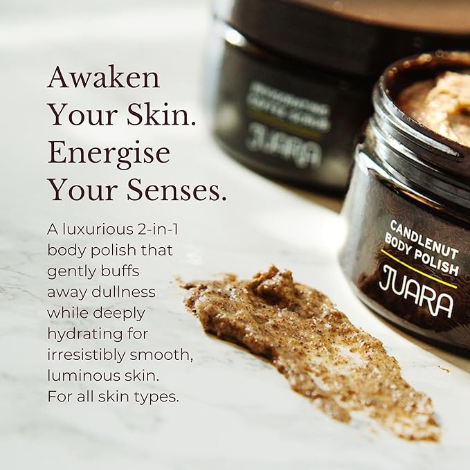 JUARA Candlenut Body Polish - 2-in-1 Exfoliating Body Scrub with Candlenut Oil, Rice Bran & Walnut Shell - Moisturizing Body Exfoliator, No Water Needed, Indonesian Jamu, (7.5 ounce)
