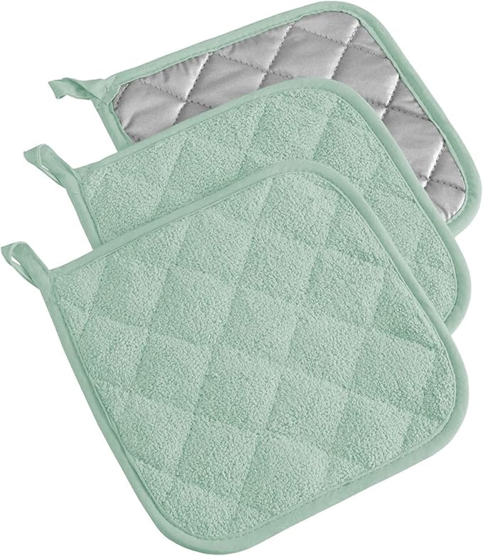 DII Basic Terry Collection Quilted 100% Cotton, Potholder, Mint, 3 Piece