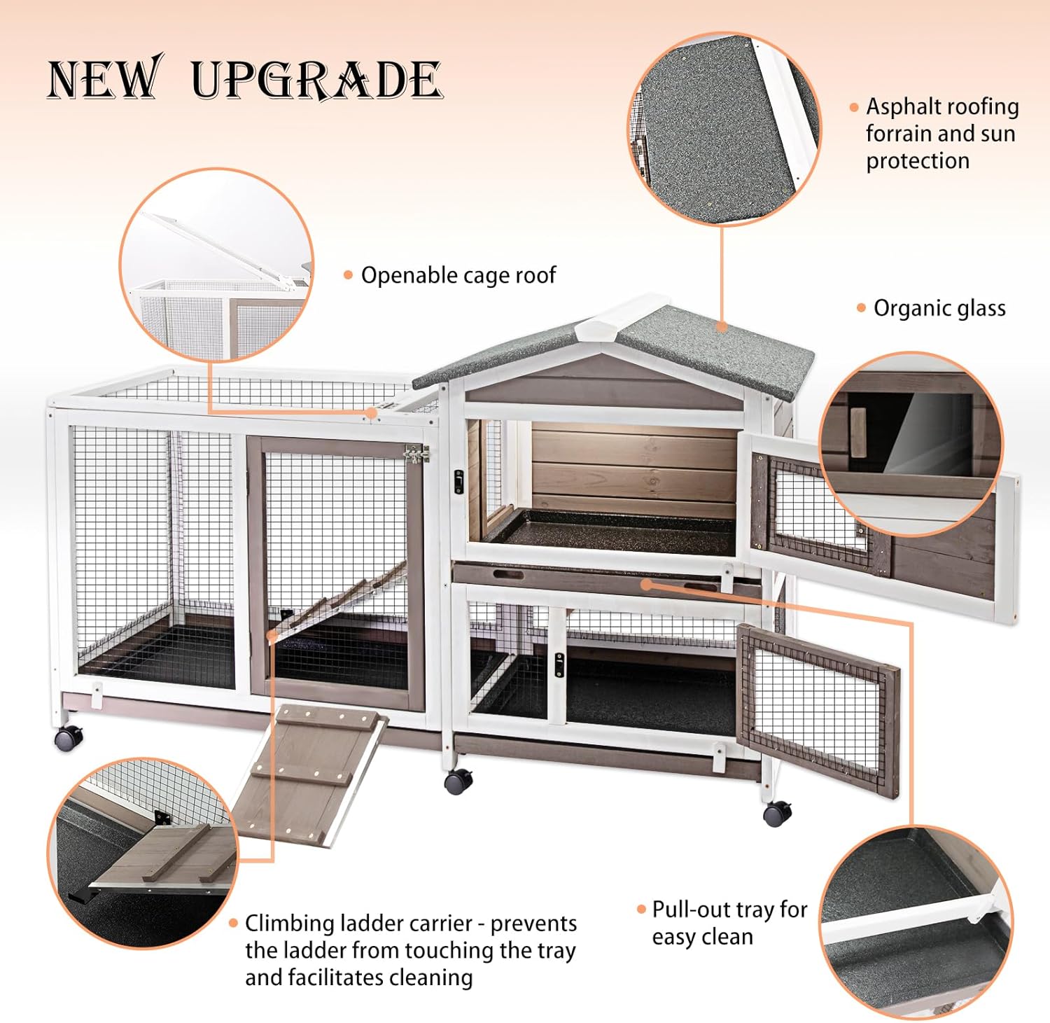 57" L Rabbit Hutch Indoor Outdoor 2 Story Large Bunny Hutch with Run Guinea Pig Cage Wooden Rabbit Cage with Removable 3 Pull Out Trays Pet House for Small-Medium Animals