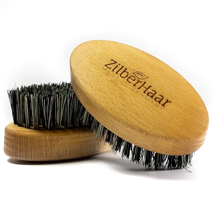 ZilberHaar - Elemental Beard Brush for Men and Mustache Brush - Stiff Natural Bristles and Beech wood - 100% Animal free - Made in Europe - 3 inches long