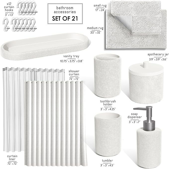 Clara Clark White Bathroom Set - Bathroom Sets with Shower Curtain and Rugs, 21PC Bathroom Accessory Set, Shower Curtain Set with Soap Dispenser & Toothbrush Holder