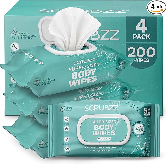 Adult Body Bathing & Incontinence Wipes, Extra Large 8” x 12” No Rinse Body Cleansing Cloths – Disposable Washcloths for Elderly Care, Bed Bathing & Daily Hygiene - 200 Count