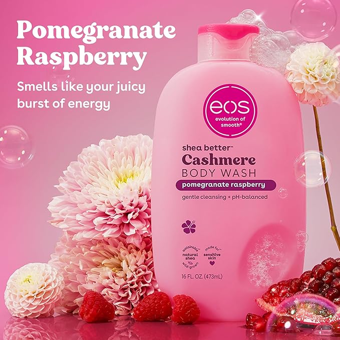 eos Cashmere Body Wash – Pomegranate Raspberry, Moisturizing Body Wash, Creamy Gel Formula, with Shea Butter, Glycerin, Vitamin E, pH Balanced, Sensitive Skin, Vegan, 16 fl oz