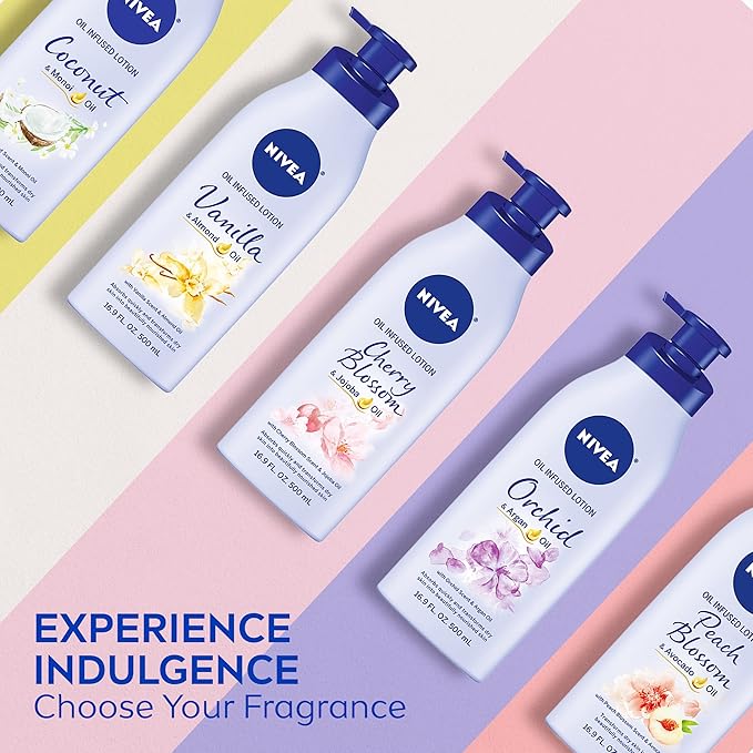 NIVEA Oil Infused Cherry Blossom and Jojoba Oil Body Lotion for Women, Fast-Absorbing and Non-Greasy Cherry Blossom Scented Lotion Moisturizes for 48 Hours, 16.9 Fl Oz Pump Bottle (Pack of 2)